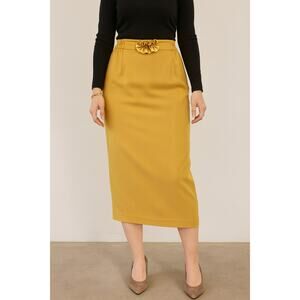 Vintage Louise Ricci Midi Skirt Size 16 Yellow Satin Ruched Bow Luxe Office Chic